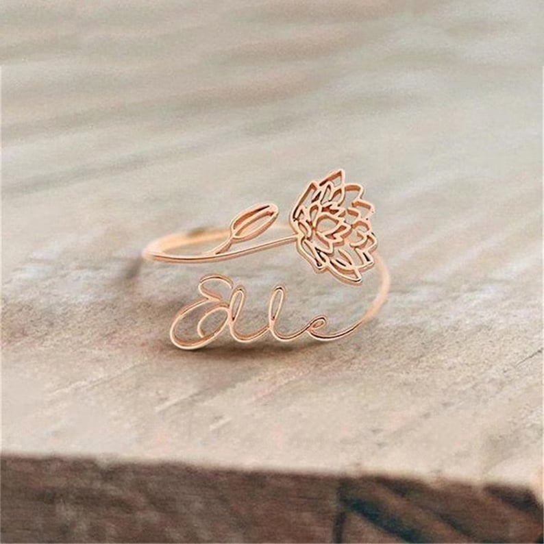 ✨Personalized Birth Flower name Ring stainless steel Custom Open Name Ring for Wife Best Friend’s Birthday Gift Jewelry for Her