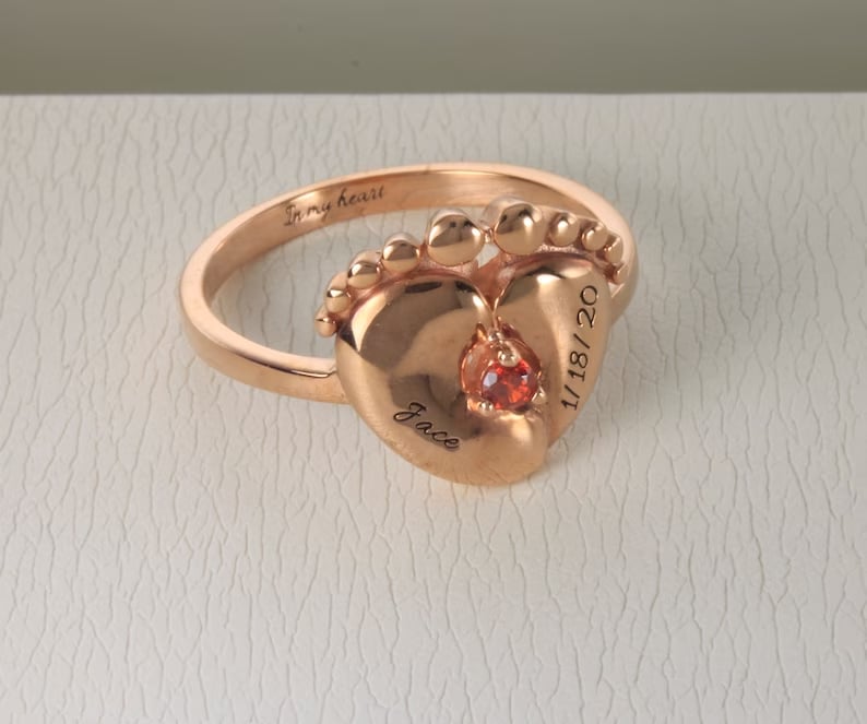 Birthstone Ring For New Mom With Engraved Baby Name | Birth Date