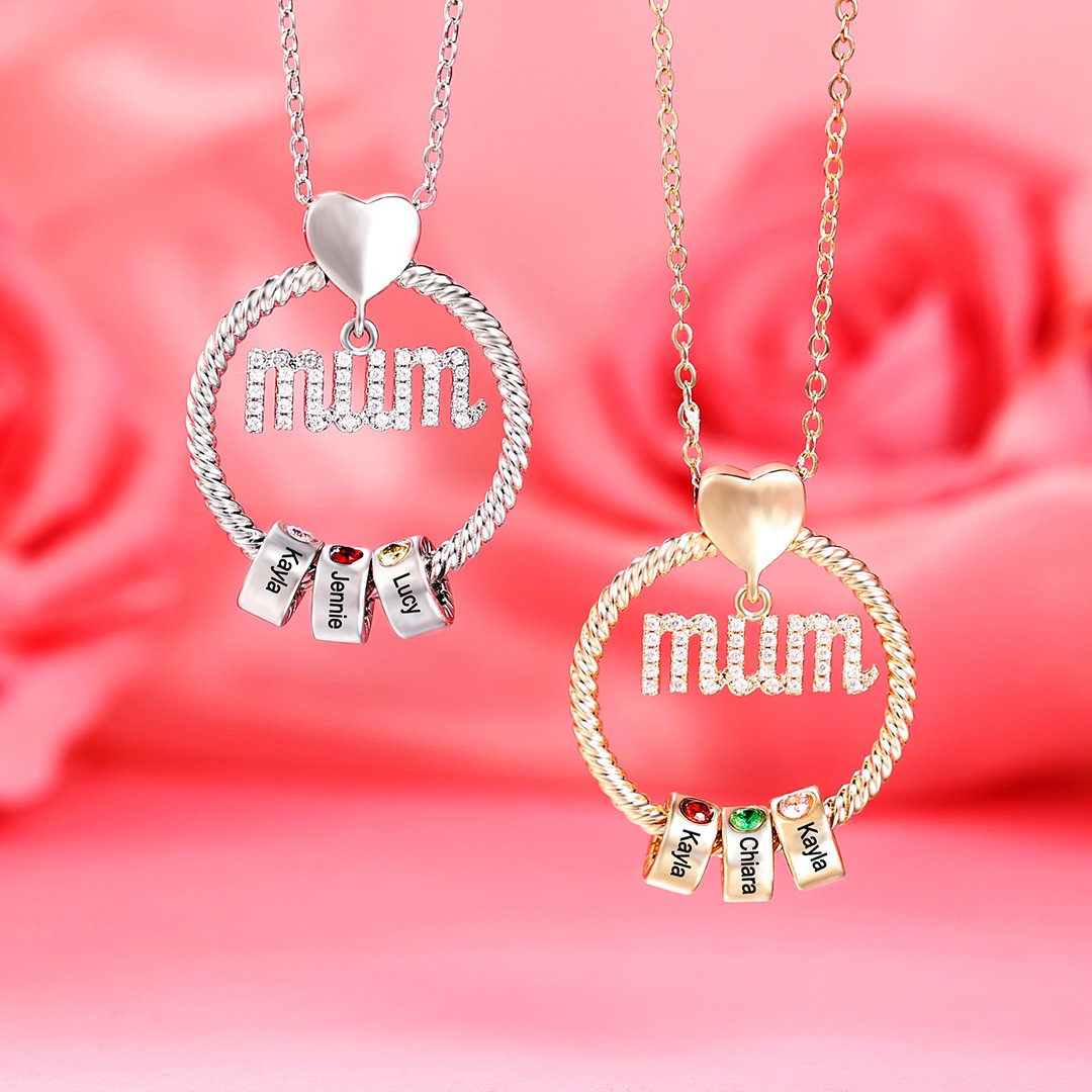 Personalized Mum Circle Necklace Gift Set With Premium Rotating Rose Flower Gift Box-Custom 1 Birthstone Pendant Necklace Engraved Names Gift For Mum