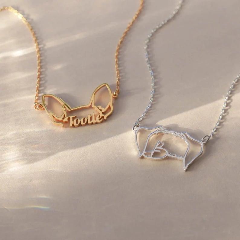 🐶🐱Custom Pet Ears Outline Necklace • Personalized Dog Cat Necklace • Pet Name Necklace