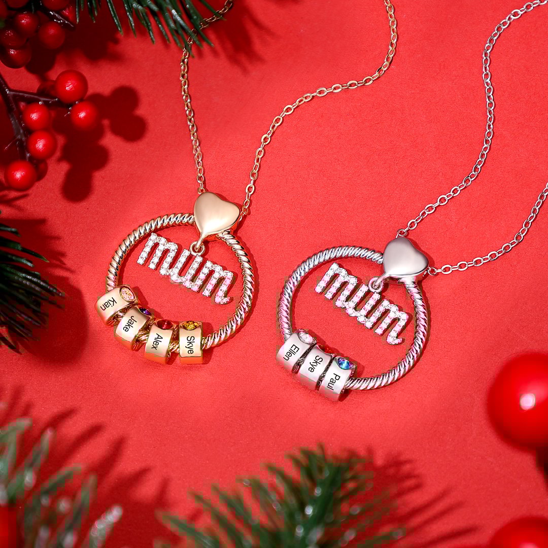 Personalized Mum Circle Necklace Gift Set With Premium Rotating Rose Flower Gift Box-Custom 1 Birthstone Pendant Necklace Engraved Names Gift For Mum