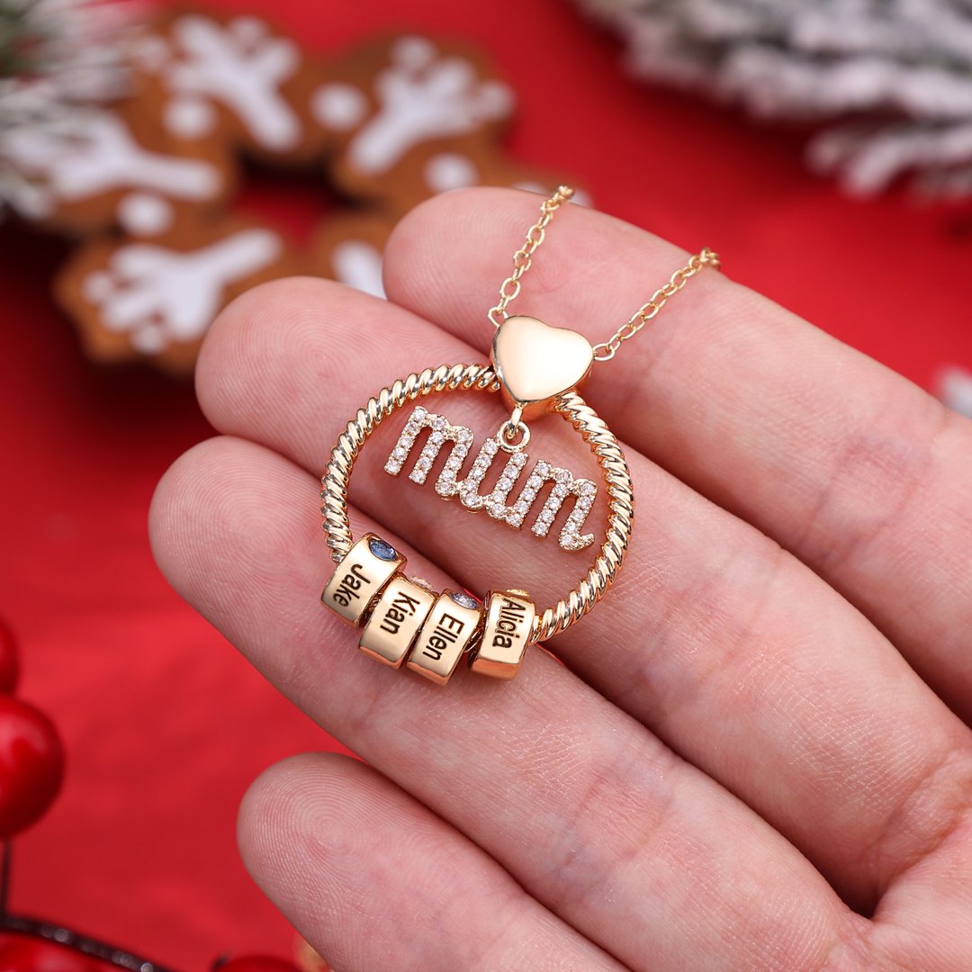 Personalized Mum Circle Necklace Gift Set With Premium Rotating Rose Flower Gift Box-Custom 1 Birthstone Pendant Necklace Engraved Names Gift For Mum