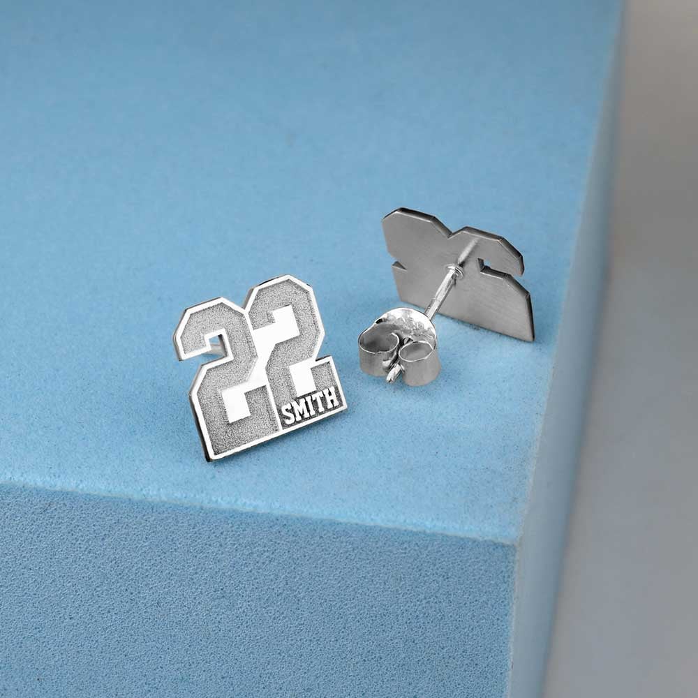 Pair Of Sports Number Stud Earrings With Name