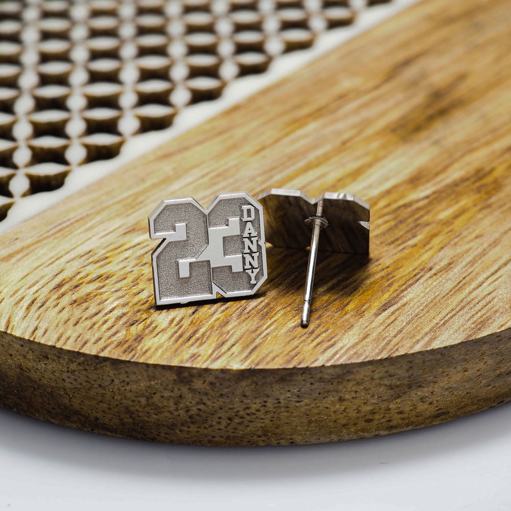 Pair Of Sports Number Stud Earrings With Name