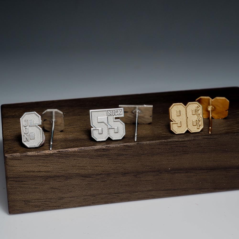 Pair Of Sports Number Stud Earrings With Name