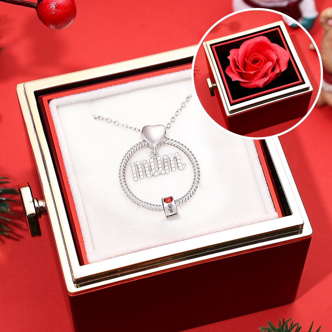 Personalized Mum Circle Necklace Gift Set With Premium Rotating Rose Flower Gift Box-Custom 1 Birthstone Pendant Necklace Engraved Names Gift For Mum
