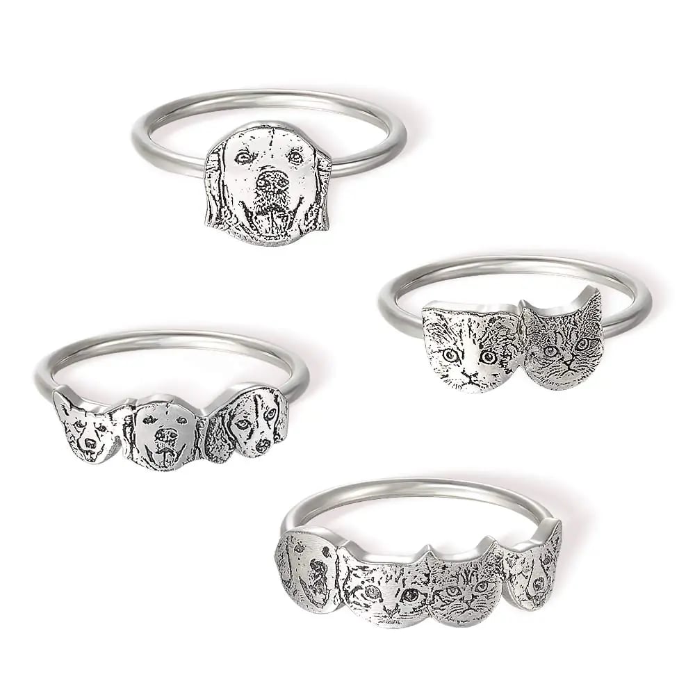 Personalized Pet Portrait Ring, 🐶🐱Engraved 1-4 Dog/Cat Head Ring, Gift for Pet Owner/Pet Lover