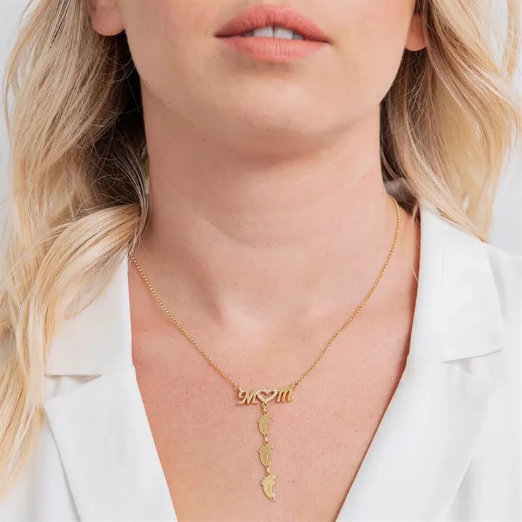 Christmas Gift, Diamond Mom Necklace With Baby Feet