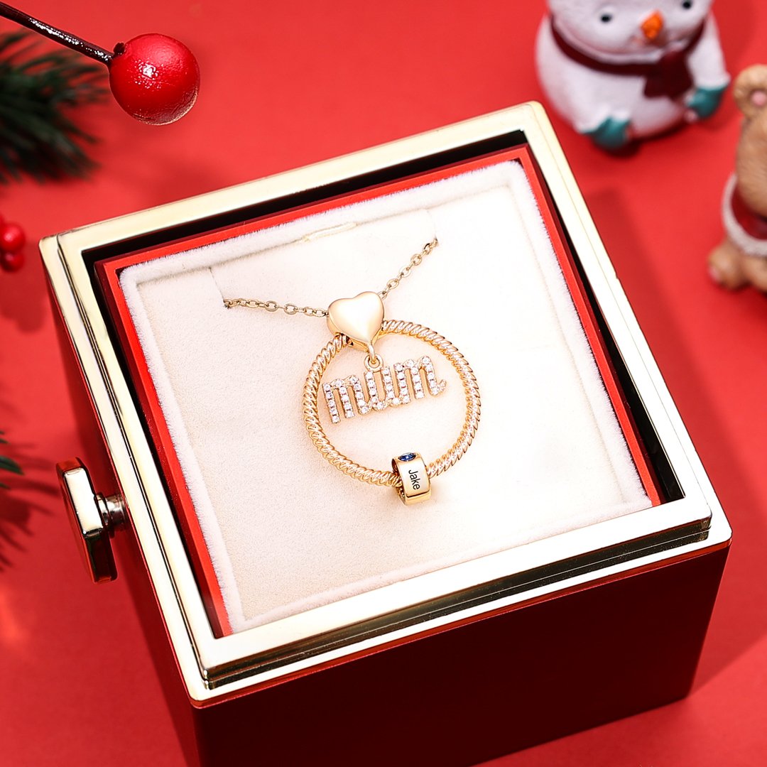 Personalized Mum Circle Necklace Gift Set With Premium Rotating Rose Flower Gift Box-Custom 1 Birthstone Pendant Necklace Engraved Names Gift For Mum