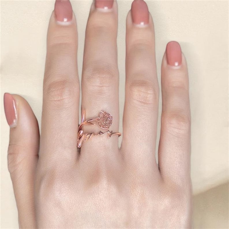 ✨Personalized Birth Flower name Ring stainless steel Custom Open Name Ring for Wife Best Friend’s Birthday Gift Jewelry for Her