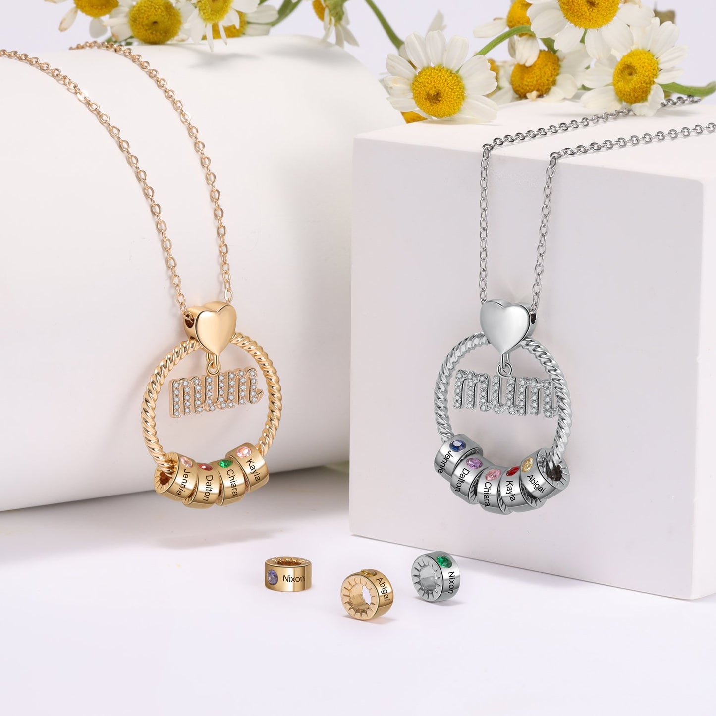 Personalized Mum Circle Necklace Gift Set With Premium Rotating Rose Flower Gift Box-Custom 1 Birthstone Pendant Necklace Engraved Names Gift For Mum