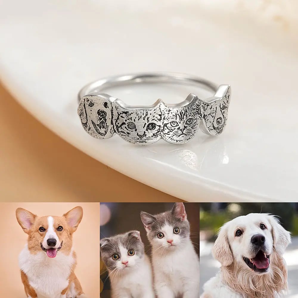 Personalized Pet Portrait Ring, 🐶🐱Engraved 1-4 Dog/Cat Head Ring, Gift for Pet Owner/Pet Lover