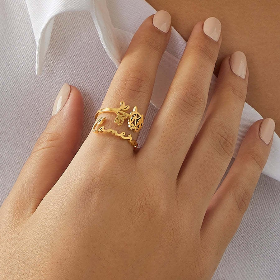 ✨Personalized Birth Flower name Ring stainless steel Custom Open Name Ring for Wife Best Friend’s Birthday Gift Jewelry for Her