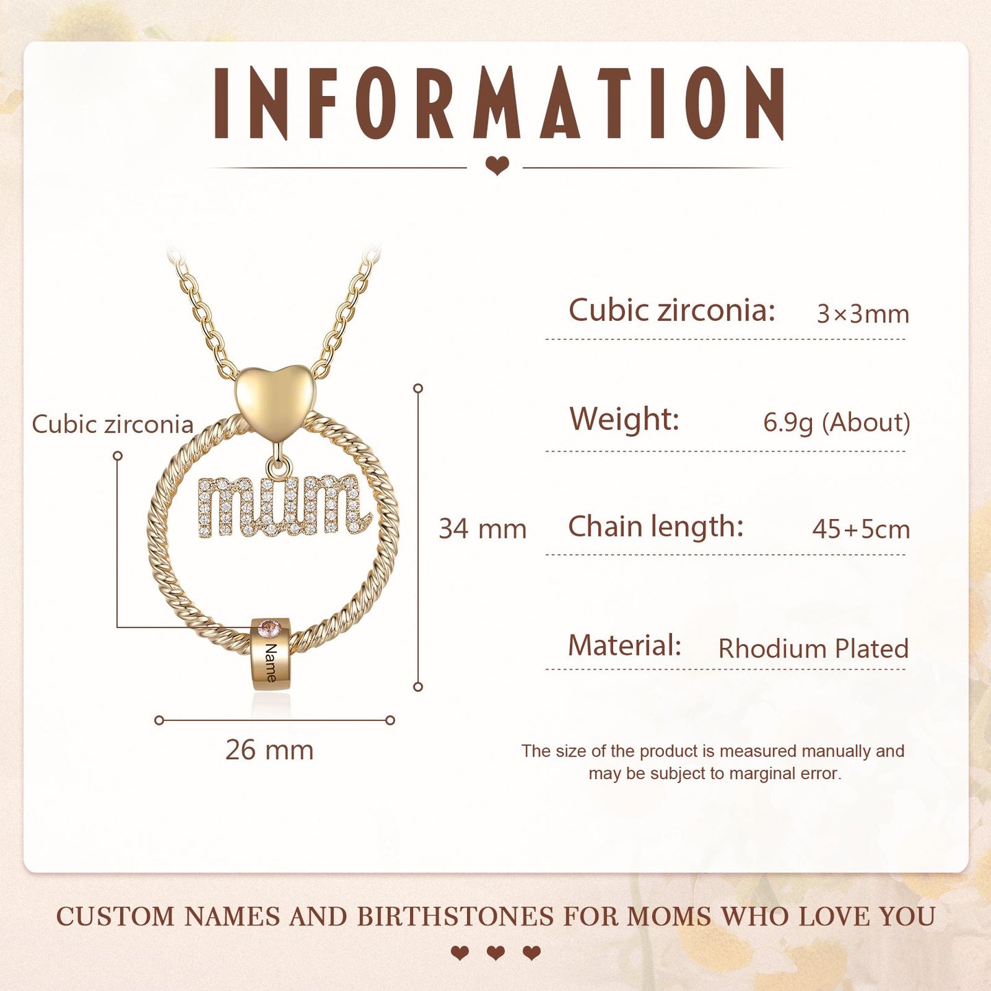 Personalized Mum Circle Necklace Gift Set With Premium Rotating Rose Flower Gift Box-Custom 1 Birthstone Pendant Necklace Engraved Names Gift For Mum