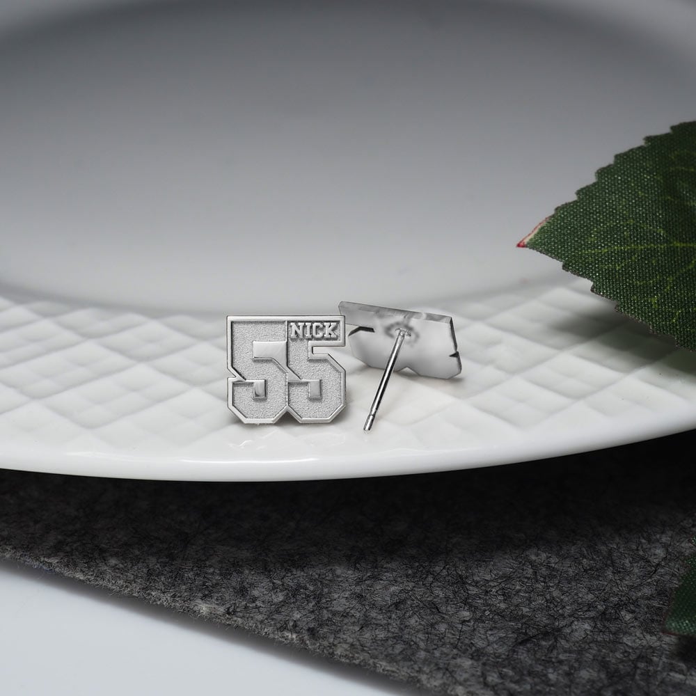 Pair Of Sports Number Stud Earrings With Name