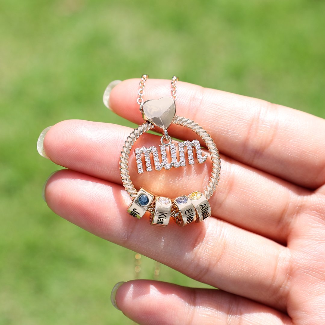 Personalized Mum Circle Necklace Gift Set With Premium Rotating Rose Flower Gift Box-Custom 1 Birthstone Pendant Necklace Engraved Names Gift For Mum