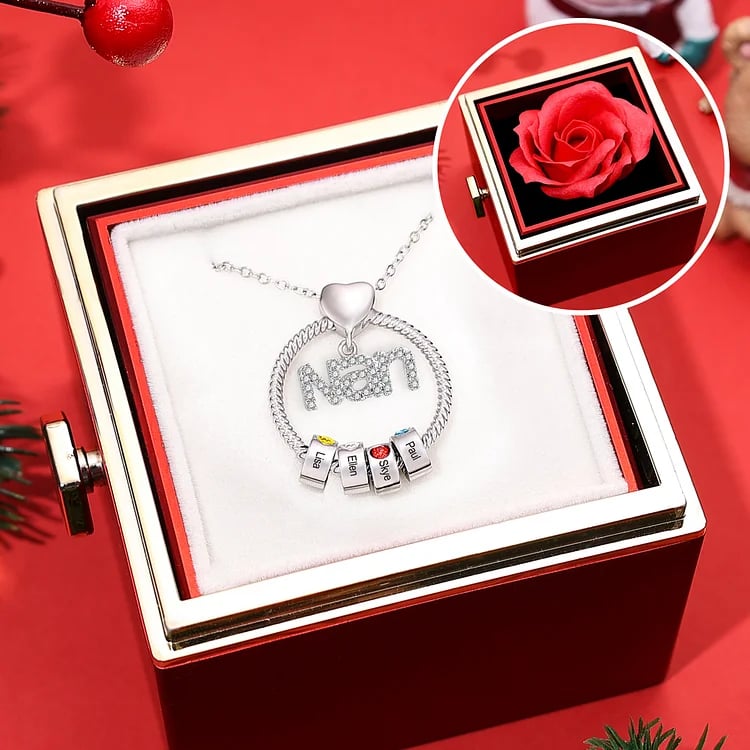 Personalized Mum Circle Necklace Gift Set With Premium Rotating Rose Flower Gift Box-Custom 1 Birthstone Pendant Necklace Engraved Names Gift For Mum