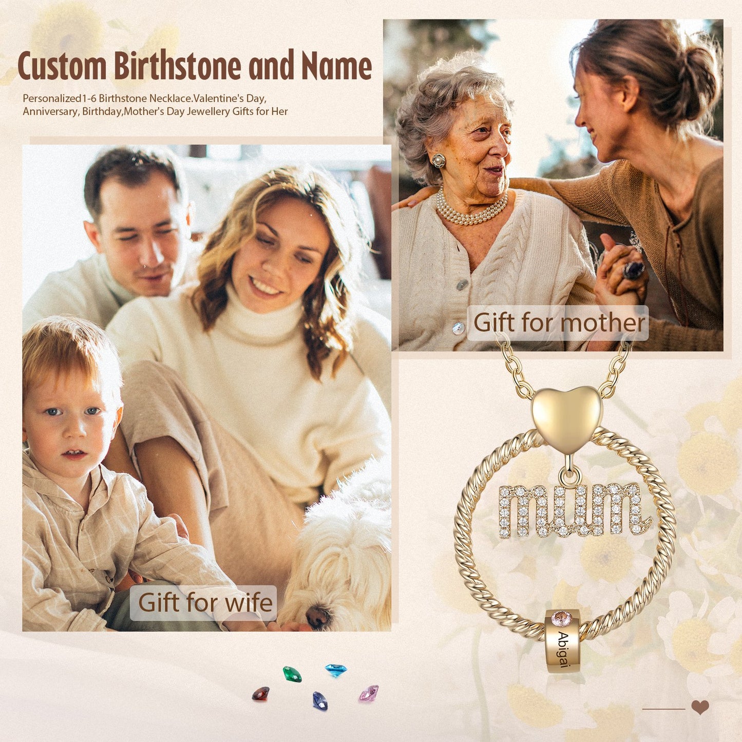Personalized Mum Circle Necklace Gift Set With Premium Rotating Rose Flower Gift Box-Custom 1 Birthstone Pendant Necklace Engraved Names Gift For Mum