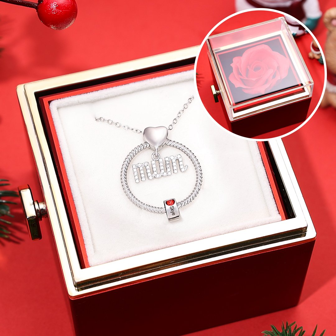 Personalized Mum Circle Necklace Gift Set With Premium Rotating Rose Flower Gift Box-Custom 1 Birthstone Pendant Necklace Engraved Names Gift For Mum
