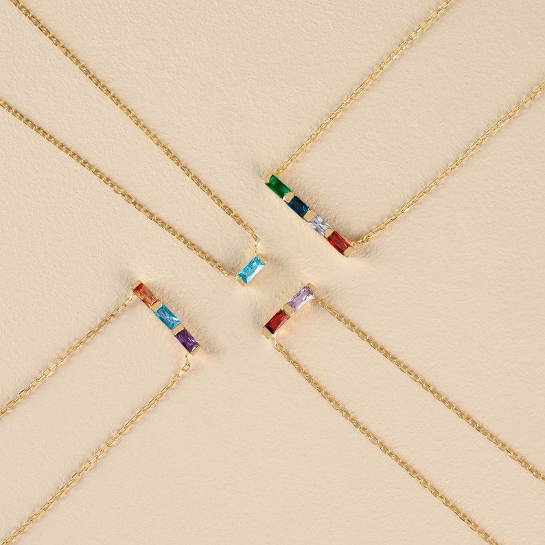 ✨Baguette Birthstone Necklace, Family Birthstone Necklace💎Bridesmaid Gift, Gift for Mom