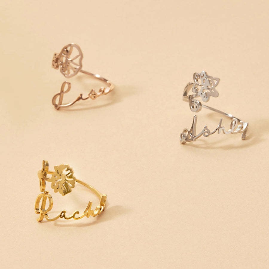 ✨Personalized Birth Flower name Ring stainless steel Custom Open Name Ring for Wife Best Friend’s Birthday Gift Jewelry for Her