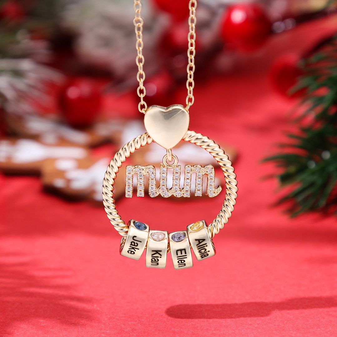 Personalized Mum Circle Necklace Gift Set With Premium Rotating Rose Flower Gift Box-Custom 1 Birthstone Pendant Necklace Engraved Names Gift For Mum