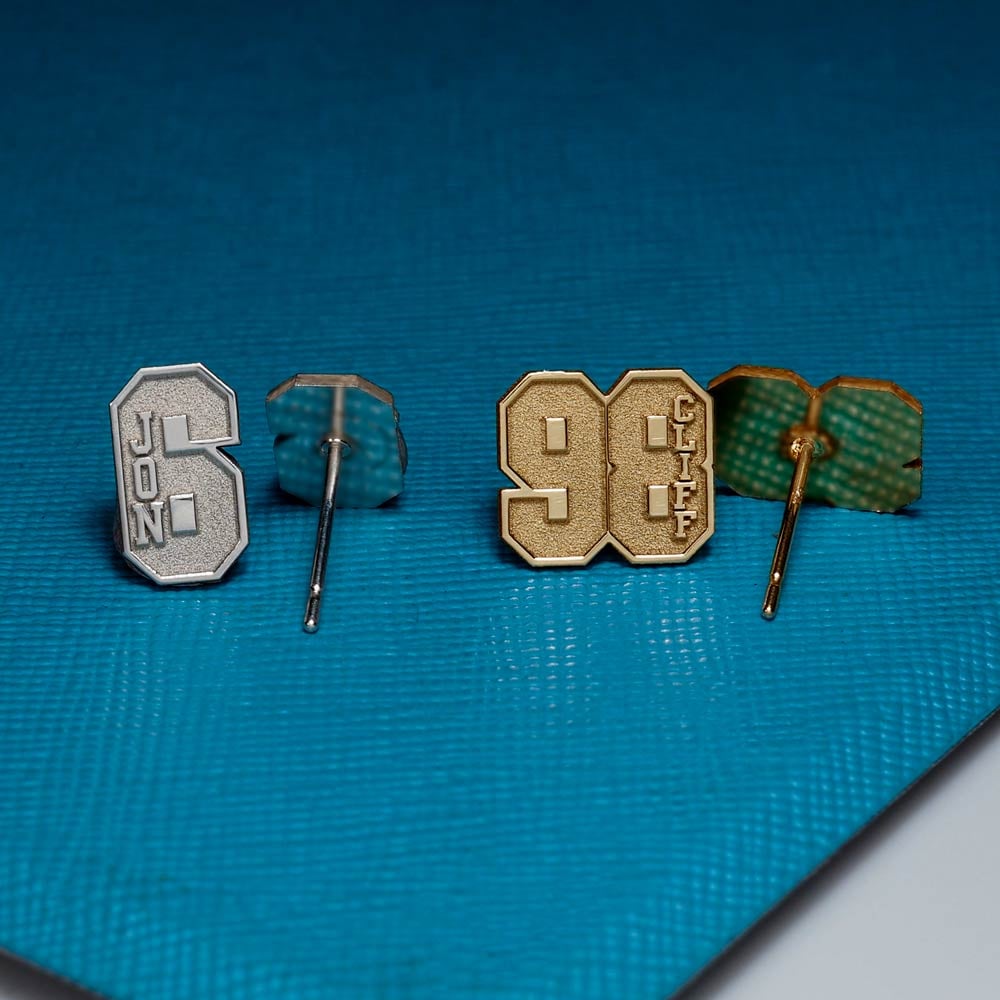Pair Of Sports Number Stud Earrings With Name