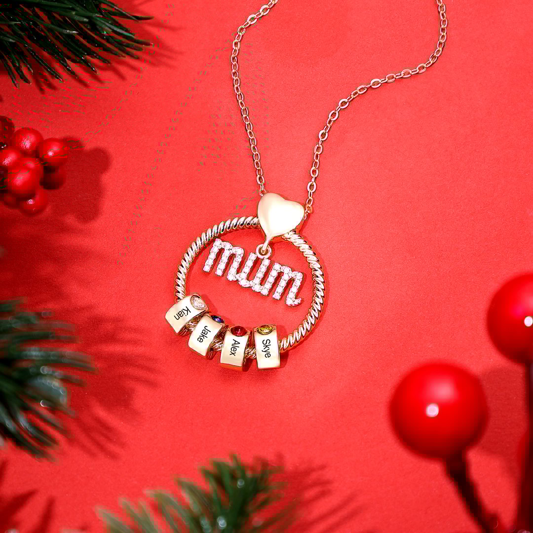 Personalized Mum Circle Necklace Gift Set With Premium Rotating Rose Flower Gift Box-Custom 1 Birthstone Pendant Necklace Engraved Names Gift For Mum