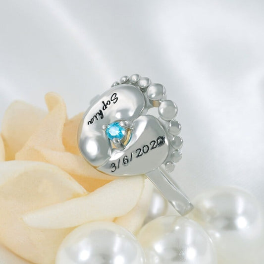 Birthstone Ring For New Mom With Engraved Baby Name | Birth Date