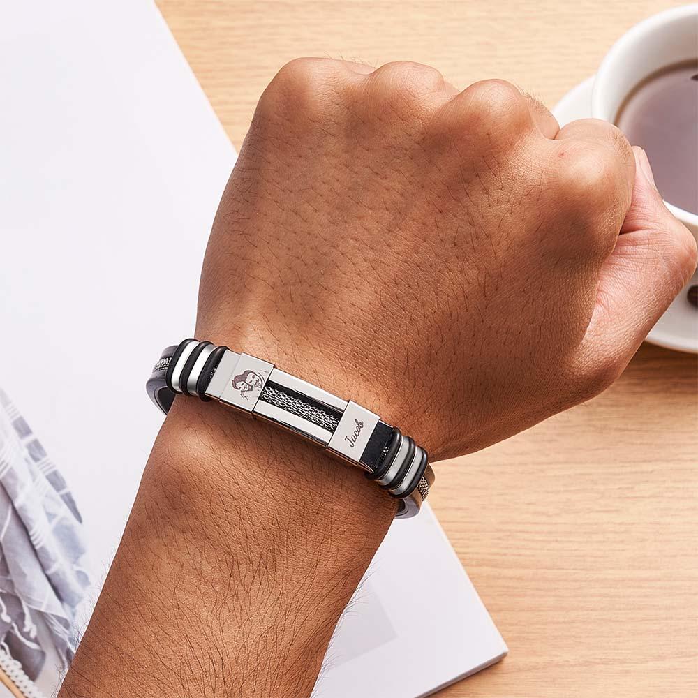 ✨🎁Mens Silicone Photo Bracelet with text Custom Family Photo Gifts for Dad Personalised Gift for Him