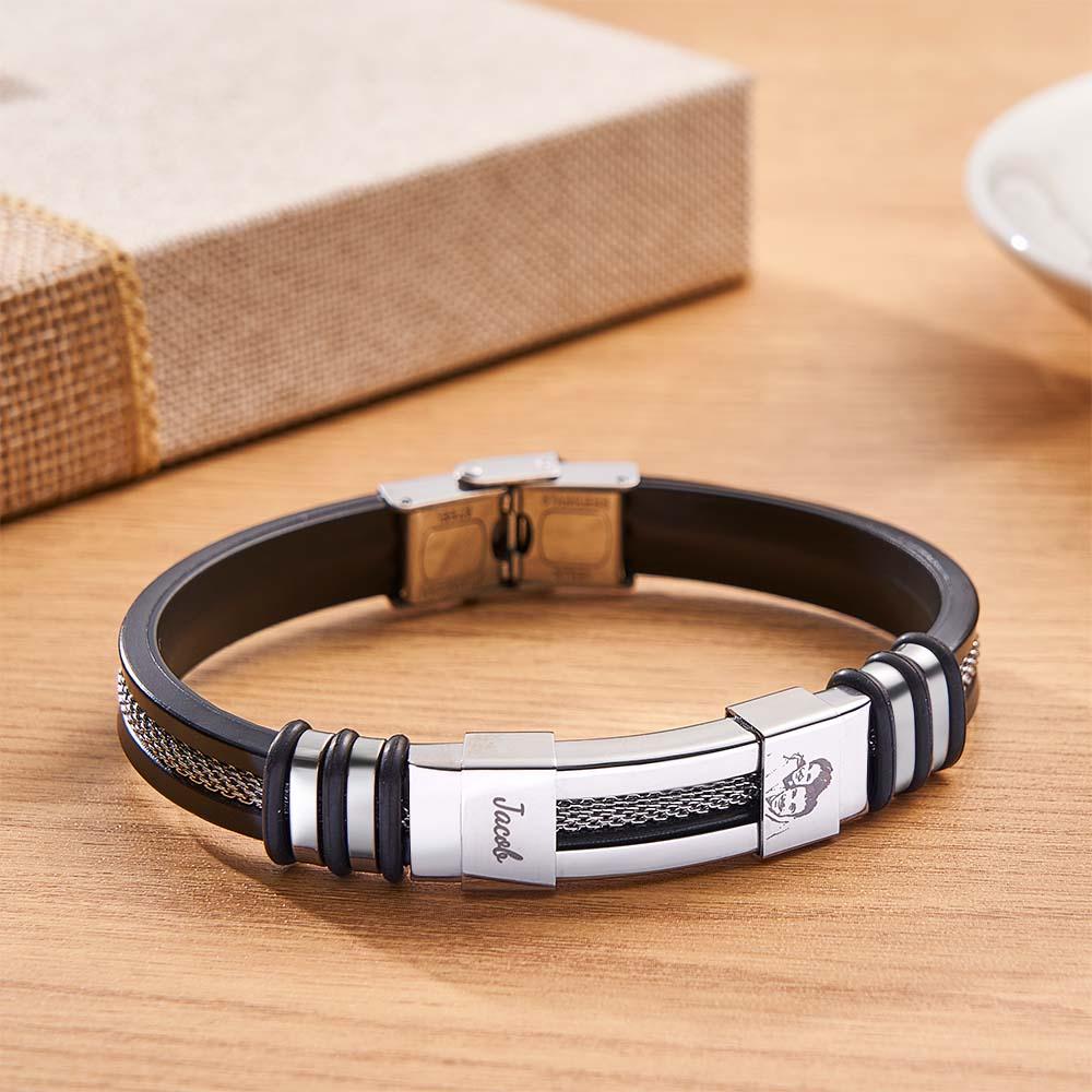 ✨🎁Mens Silicone Photo Bracelet with text Custom Family Photo Gifts for Dad Personalised Gift for Him