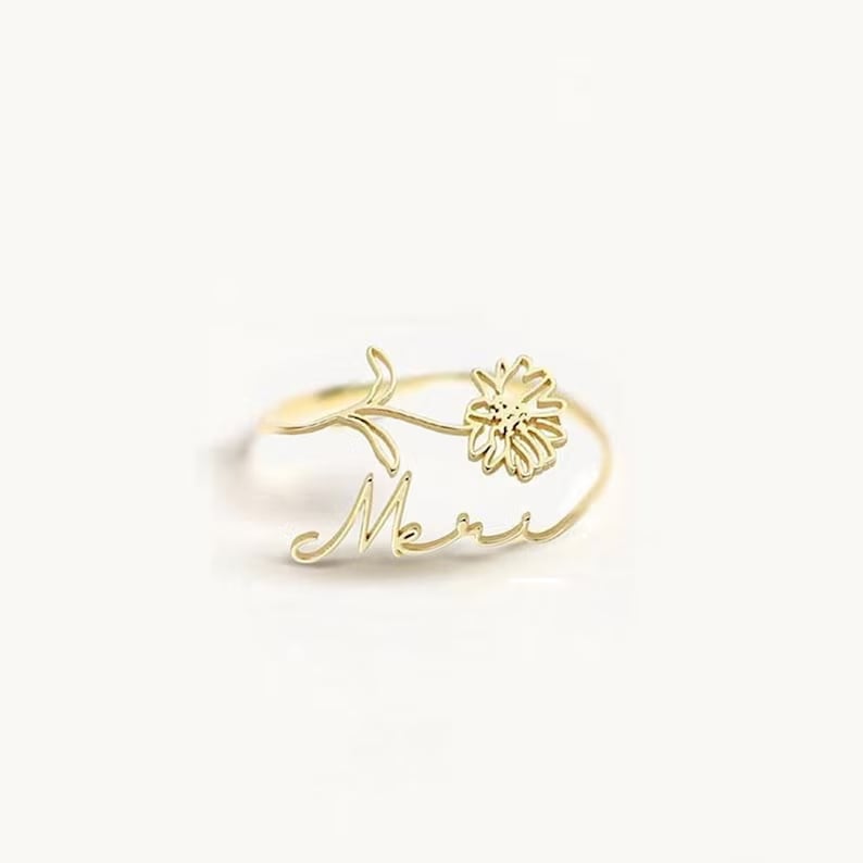 ✨Personalized Birth Flower name Ring stainless steel Custom Open Name Ring for Wife Best Friend’s Birthday Gift Jewelry for Her