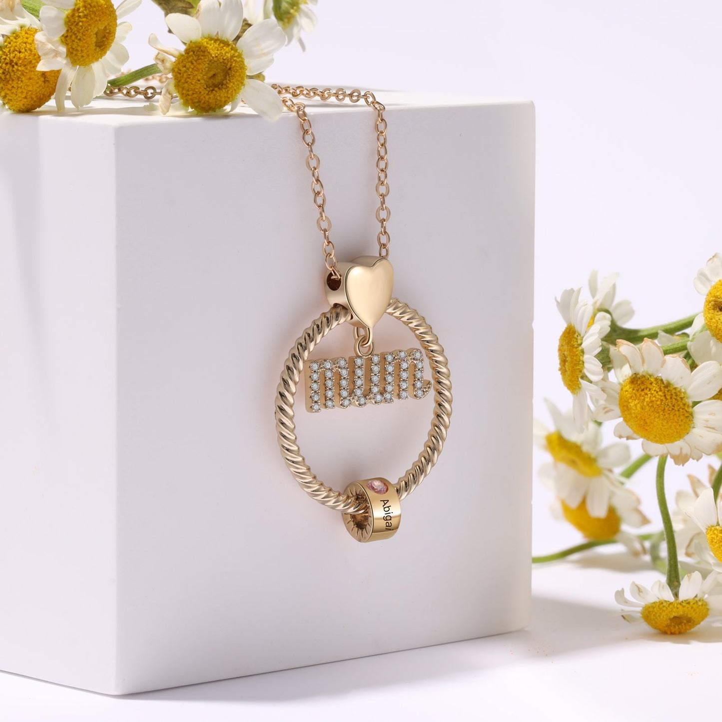 Personalized Mum Circle Necklace Gift Set With Premium Rotating Rose Flower Gift Box-Custom 1 Birthstone Pendant Necklace Engraved Names Gift For Mum