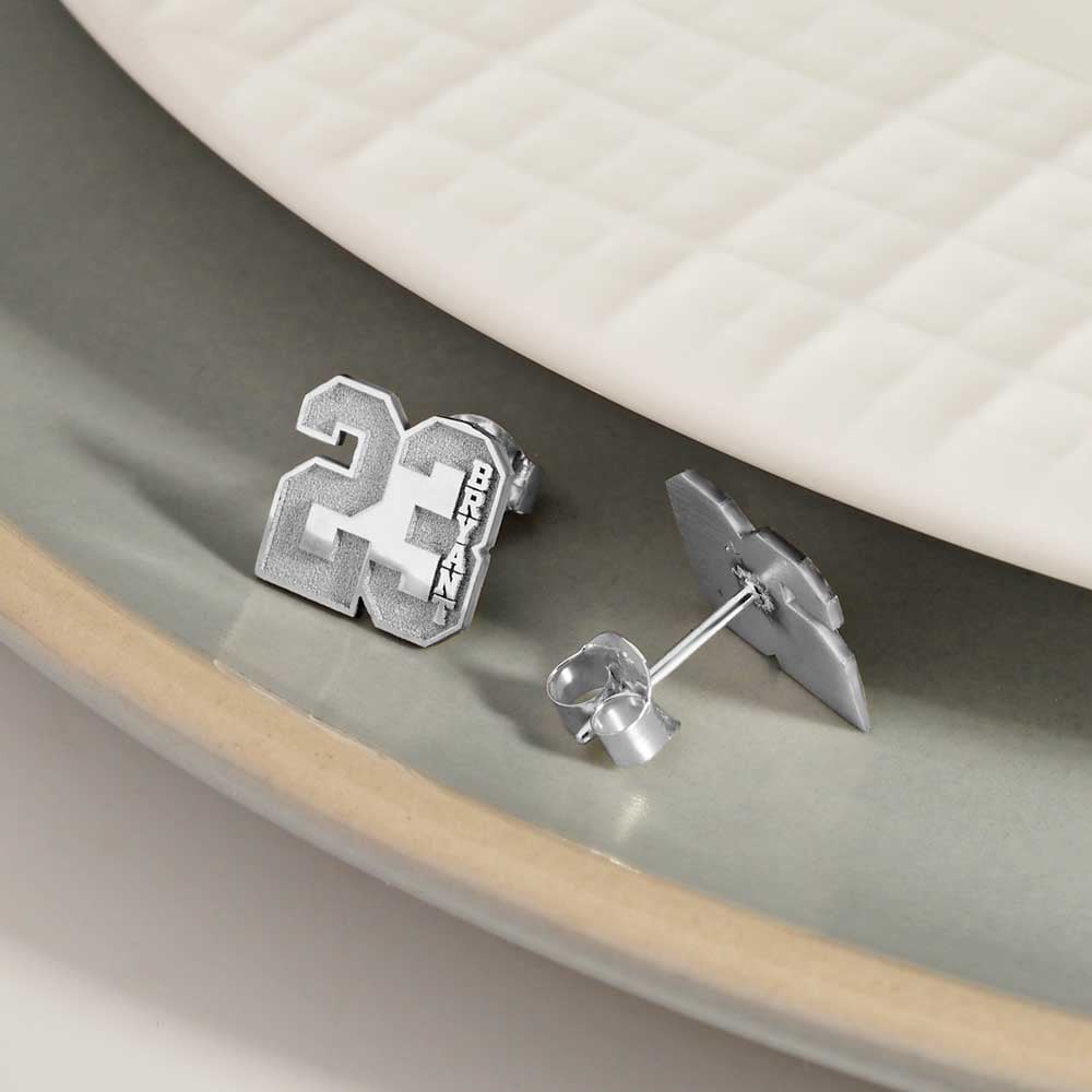 Pair Of Sports Number Stud Earrings With Name