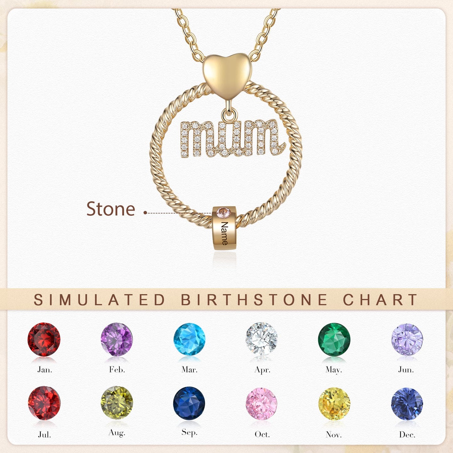 Personalized Mum Circle Necklace Gift Set With Premium Rotating Rose Flower Gift Box-Custom 1 Birthstone Pendant Necklace Engraved Names Gift For Mum
