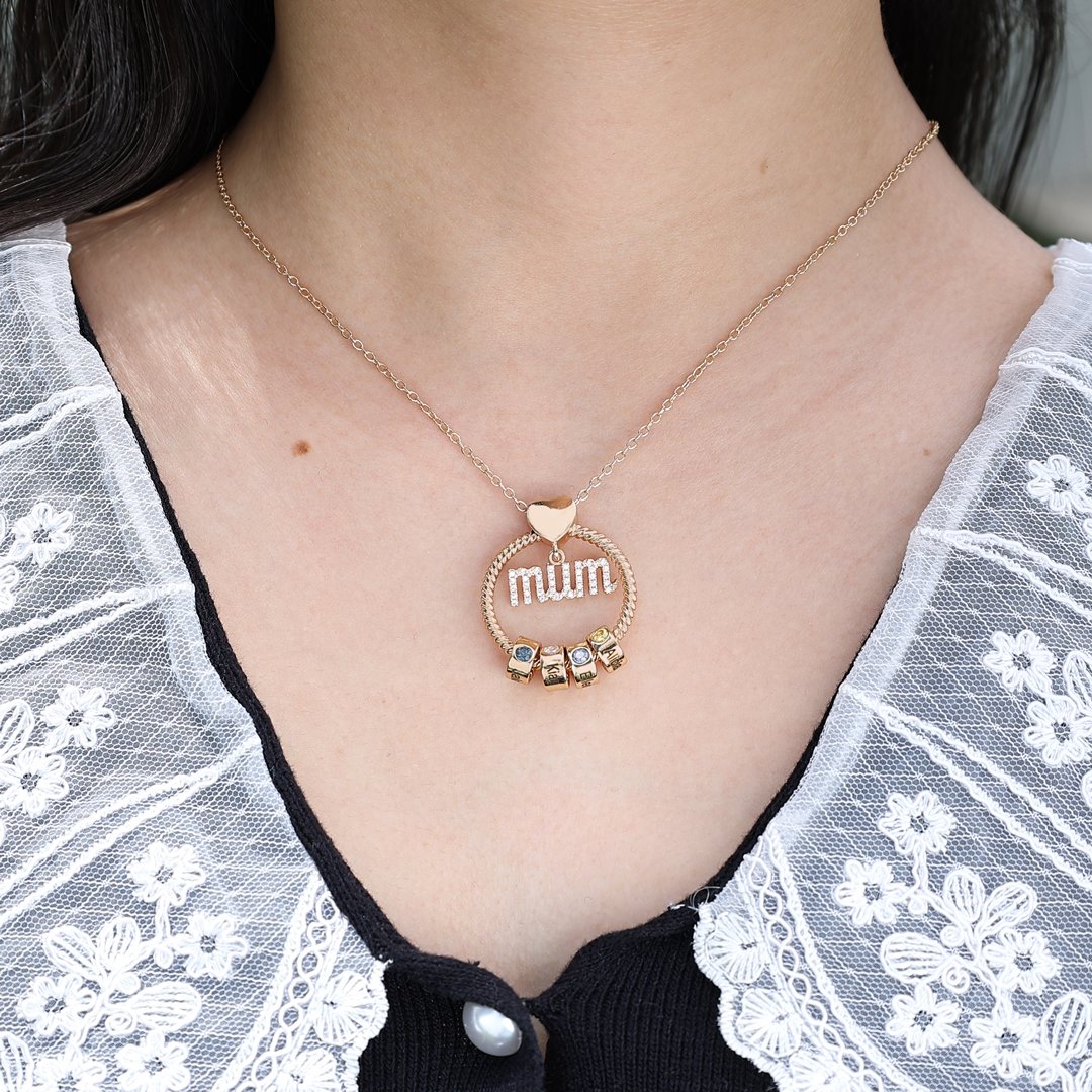 Personalized Mum Circle Necklace Gift Set With Premium Rotating Rose Flower Gift Box-Custom 1 Birthstone Pendant Necklace Engraved Names Gift For Mum