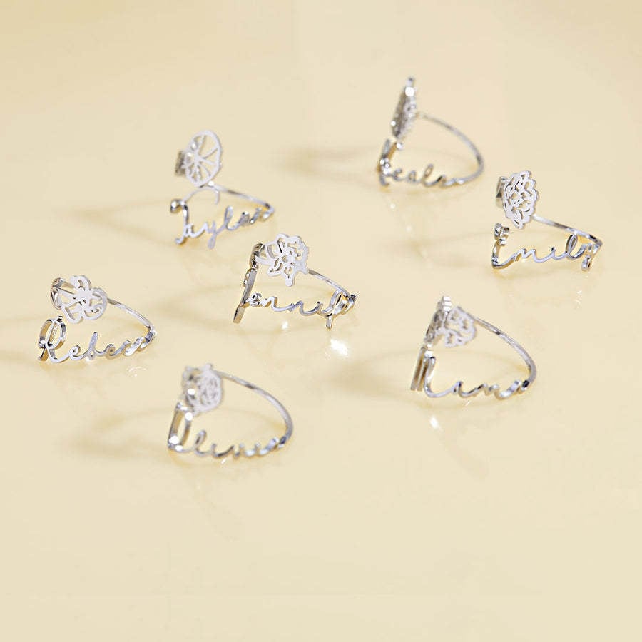 ✨Personalized Birth Flower name Ring stainless steel Custom Open Name Ring for Wife Best Friend’s Birthday Gift Jewelry for Her