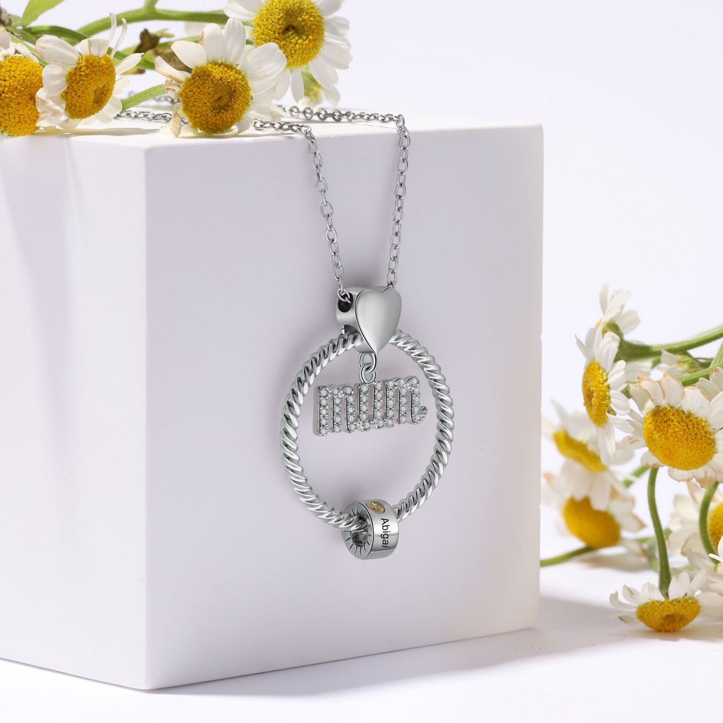 Personalized Mum Circle Necklace Gift Set With Premium Rotating Rose Flower Gift Box-Custom 1 Birthstone Pendant Necklace Engraved Names Gift For Mum