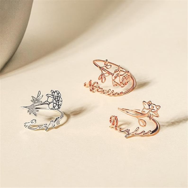 ✨Personalized Birth Flower name Ring stainless steel Custom Open Name Ring for Wife Best Friend’s Birthday Gift Jewelry for Her