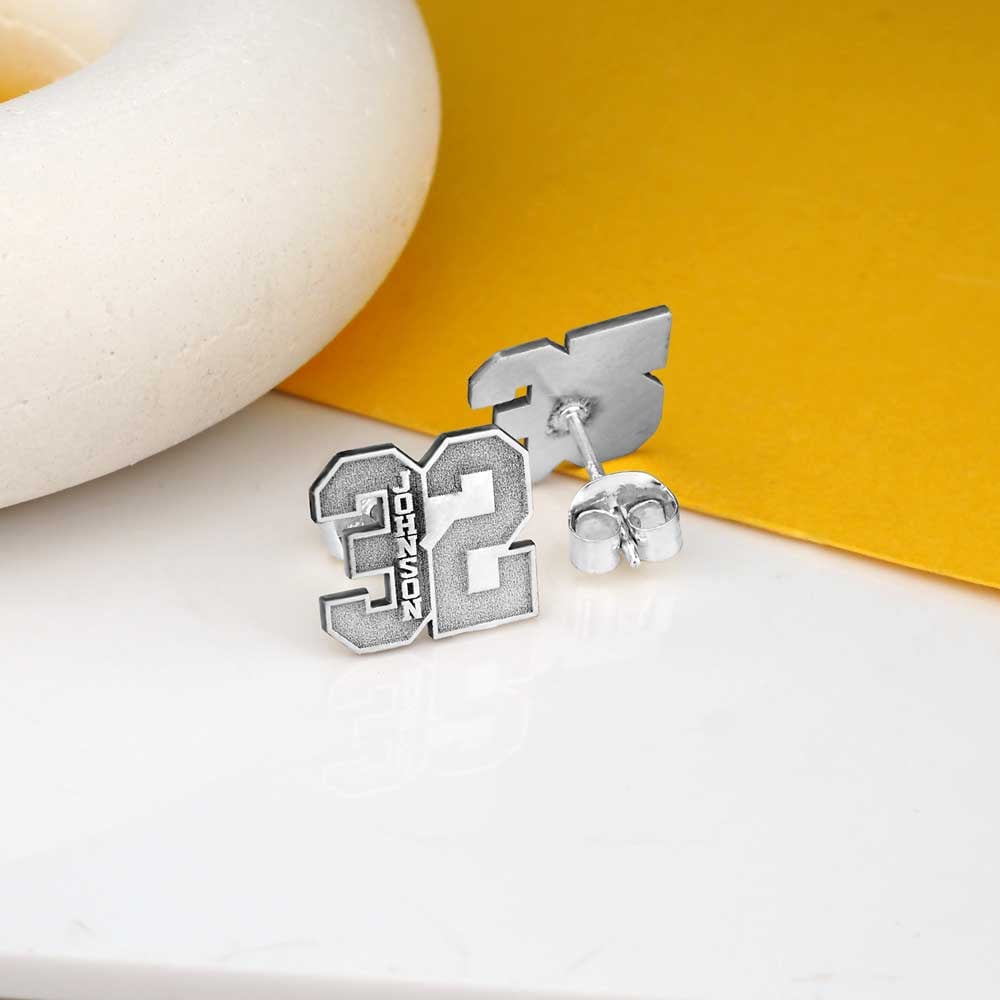 Pair Of Sports Number Stud Earrings With Name