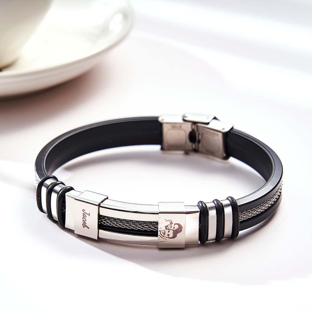 ✨🎁Mens Silicone Photo Bracelet with text Custom Family Photo Gifts for Dad Personalised Gift for Him