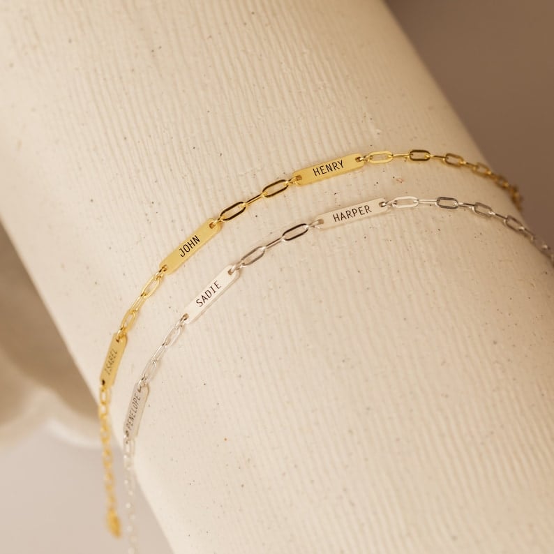 ✨Custom Mini Name Bar Bracelet • Engraved Charm Bracelet with a Dainty Paperclip Chain • New Mom Gift