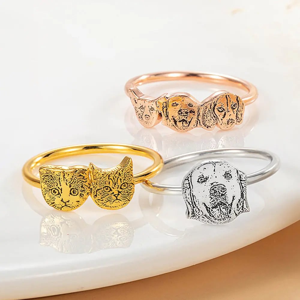 Personalized Pet Portrait Ring, 🐶🐱Engraved 1-4 Dog/Cat Head Ring, Gift for Pet Owner/Pet Lover