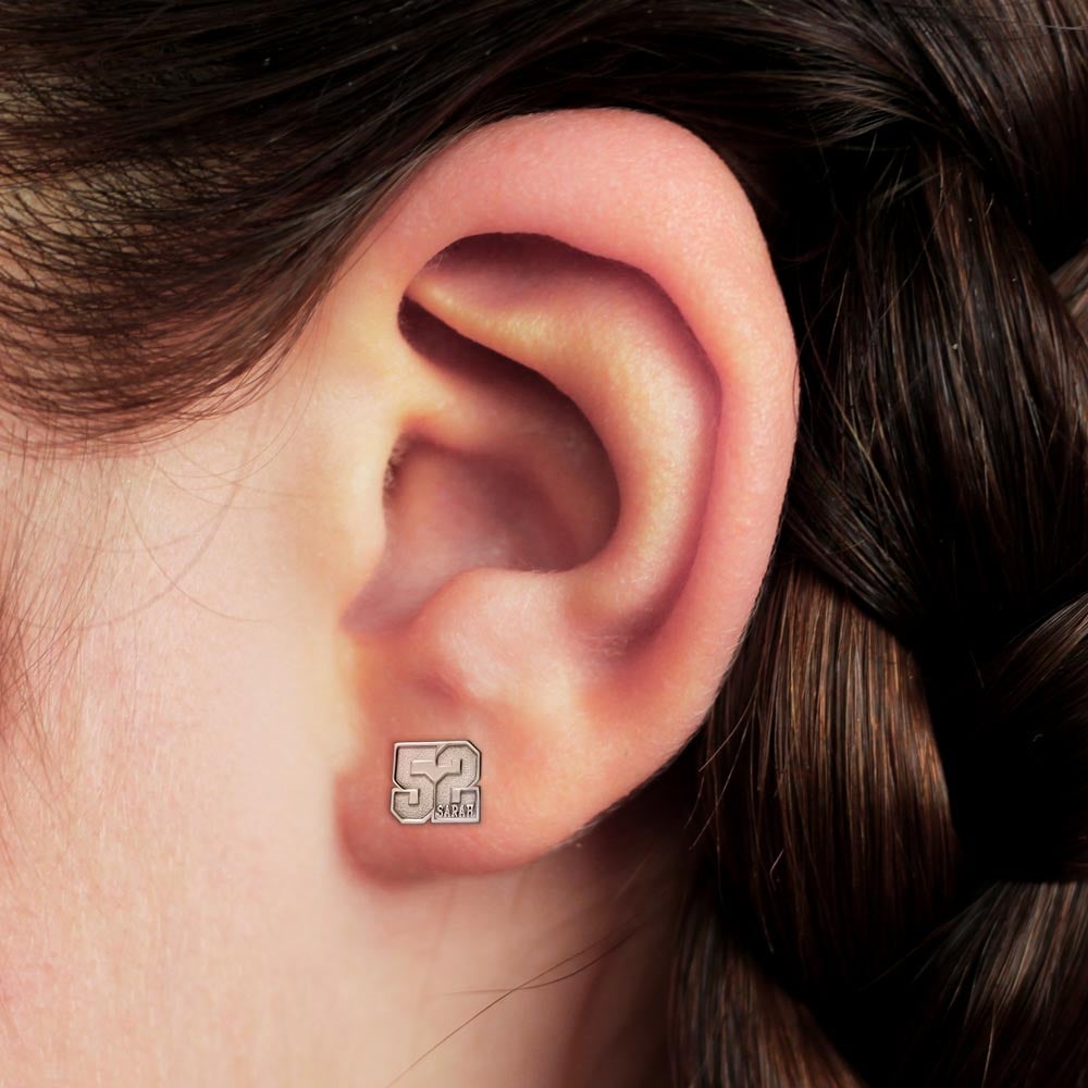 Pair Of Sports Number Stud Earrings With Name